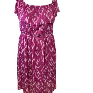 Lane Bryant Gauzy Long Dress 22/24 Pink Print Ruffle Pockets Cinched Neck Travel